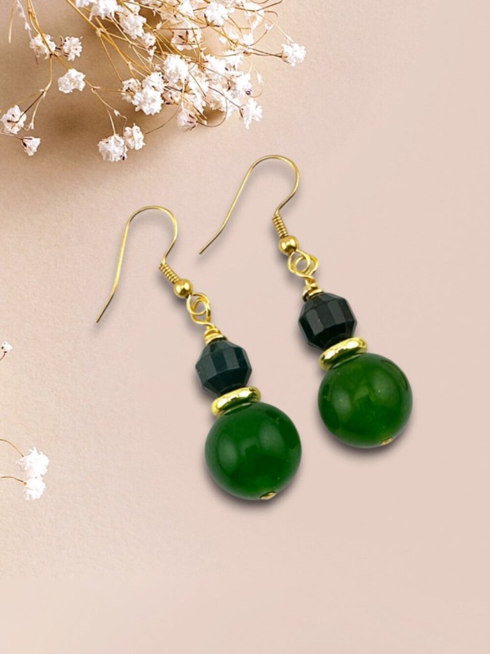 Green Jade Bloodstone Earrings Handmade Gold Plated Gemstone Dangle 2" Drop - Picture 9 of 10